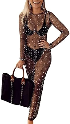 pearl mesh long sleeve maxi cover up dress Black Pearl Mesh Long Sleeve Maxi Cover Up Dress