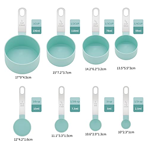 Measuring Cups and Measuring Spoons Kitchen gadgets set Measuring spoon with stainless steel handle 8-piece set of necessary measuring tools for baking Stackable Wet and dry (Light blue)