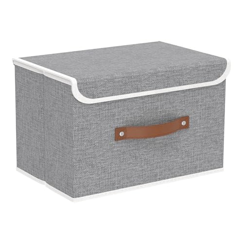 Yawinhe Storage Boxes with Lids 1 Pack, Collapsible Storage Bin with Handle, for Organizing Clothes, Office, 38x25x25cm, Grey, SNK018GY-1