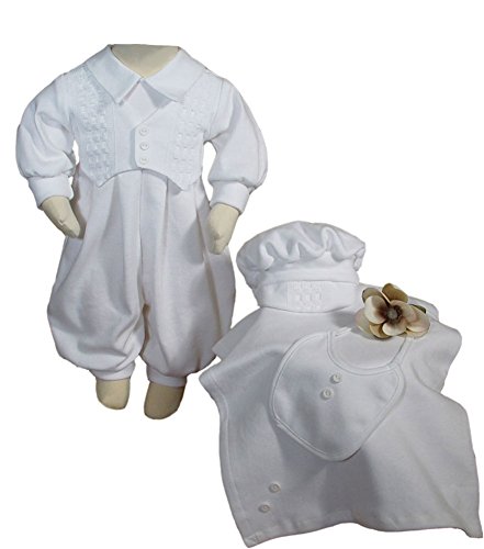 White Long Sleeve Boys Cotton Interlock Preemie Christening or Burial 4 Piece Set - 4/5 lbs