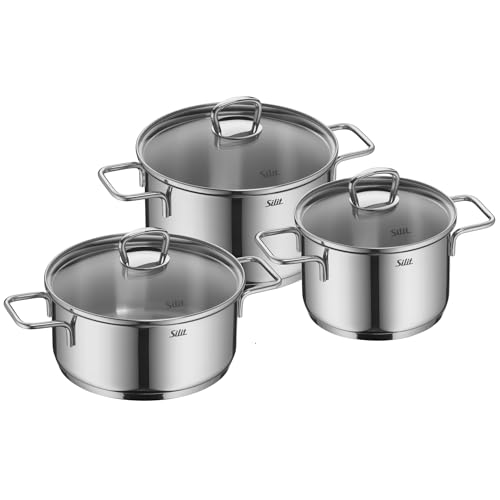 Silit Alicante Topfset Induktion 3-teilig, Kochtopf Set mit Glasdeckel, Schüttrand, Edelstahl hochglanzpoliert, Induktions Töpfe Set unbeschichtet, für alle Her