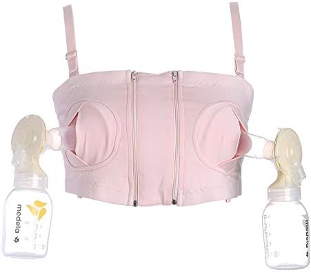 Jravis Hands Free Nursing Bra Adjustable Breast Pump Holding Bra for Breastfeeding,NB01,pink&amp;beige,L