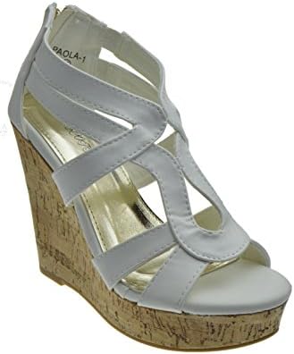 Paola-1 Strappy Open Toe Cork Platform Wedge White 7.5