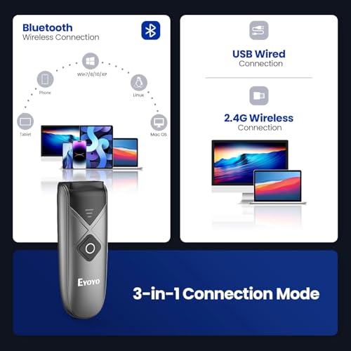 Eyoyo Mini 2D Wireless Barcode Scanner with Portable Scan Sensor 1D QR Code Scanner, Bluetooth/2.4G Wireless Pocket Inventory Reader for Tablet iPhone Android iOS PC