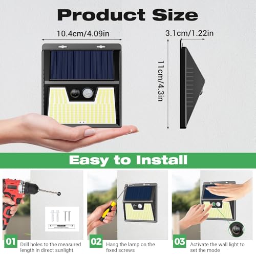 LOTMOS Set of 4 Solar Motion Detector Lights, 176 LED Outdoor Light, IP65 Waterproof Solar Spot Light, 3 Modes Outdoor Lighting, Outdoor Spotlight for Garden Garage, Cool White
