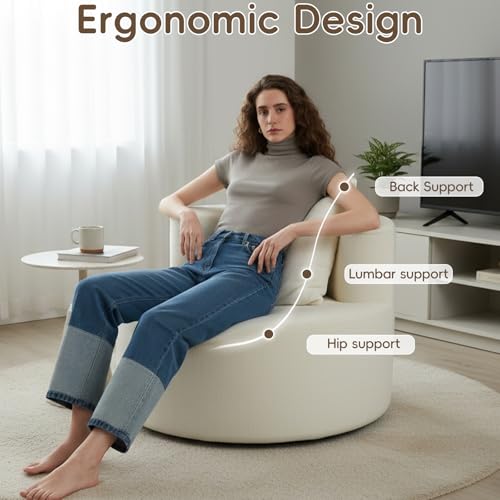 Accent Chair, Round Chaise Lounge Chair with Deep Seat, Modern Chenille Upholstered Lounge Chair, No Assembly Floor Sofa for Living Room Bedroom Apartment, 34.65 Inch Wide, Beige