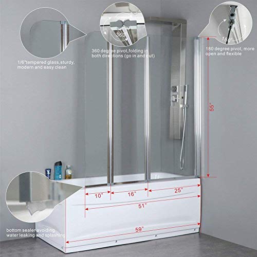 Goodyo Pivot Glass Shower Door 51x55 inch Hinged 3 Folding Semi-frame Bathtub Shower Screen Door 1/5 Tempered Clear Glass