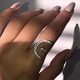 Yuren Opening Ring Crescent Shape Rhinestone Finger Band Half Moon Sun Star Artificial Diamond Inlay Engagement Ring (Silver)