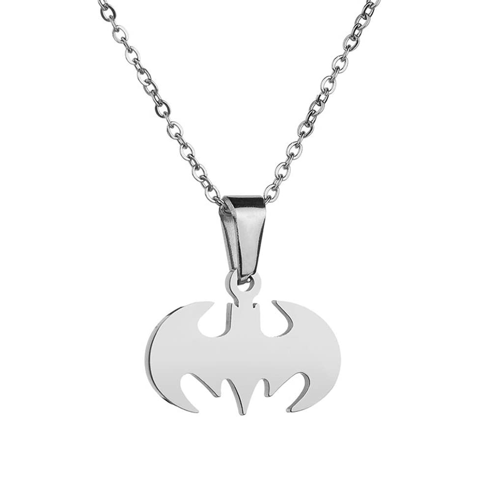 Bat Pendant Necklace for Men Women Stainless Steel Gold Silver Lightweight Fashion Anime Goth Cool Hippie Bat Man Necklace Cosplay Jewelry Gift (Silver)