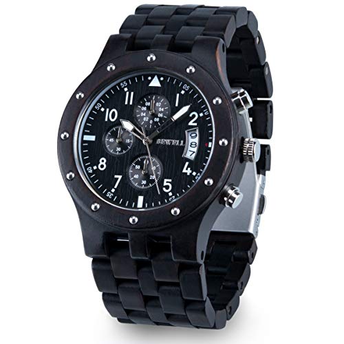 Bewell W109D Wood Watches for Men Sub-dial Stopwatch Quartz Analog Date Display Wooden Watch (Ebony)