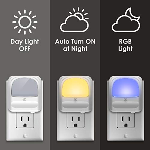 UZOPI Plug-in Night Light for Kids, Dimmable RGB Color Changeable LED Nightlight with Dusk-to-Dawn Sensor,Warm White Night Lamp for Baby Room, Bedroom, Hallway, Kitchen, Bathroom, Stairs (RGB 2PC)