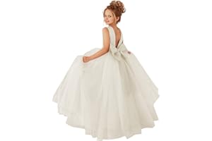 MCieloLuna Flower Girls Satin Tulle Princess Pageant Dress for Wedding Kids Pearls Prom Ball Gowns with Bow-knot