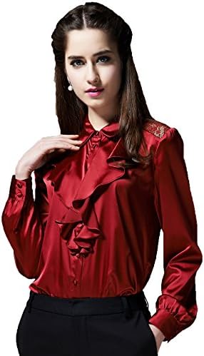 Grace Silk, Solid Color, Long Sleeve Satin Silk Blouse, Maroon, Size Small
