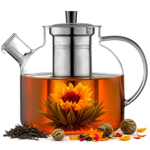 AMROAH 1500ml (50oz) Large Round Glass Teapot with Removable Stainless Steel Infuser Strainer, Borosilicate Heat Resistant Stovetop Safe Glass Tea Kettle Blooming & Loose Leaf Tea Maker