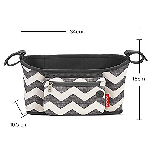 Universal Stroller Organizer Bag,DOCA Pram Buggy Organiser Storage Bag with Cup Holders,Headphone Port & Removable Compartments - Large Space for Buggies Pushchair【Stripe Grey】 - Thumbnail 2