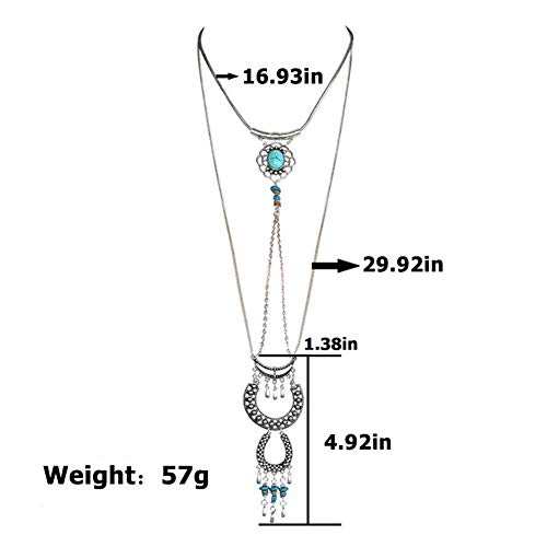 Hanloud Boho Chain Choker Necklace Layer Turquoise Beads Moon Horseshoe Pendant Necklace - Thumbnail 2