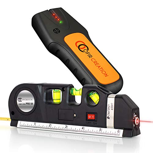OFIRCREATION 3-in-1 Laser Level w/Built-In Measuring Tape | Multipurpose Woodworking, Contractor Tool | Imperial & Metric Measurements | Vertical & Horizontal Use | BONUS - Stud Finder