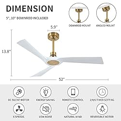 HUMHOLD 52" White Ceiling Fan without Lights