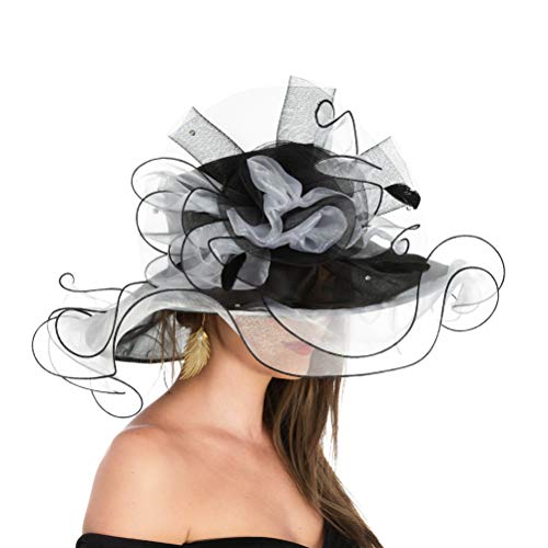 Women's Organza Church Kentucky Derby British Fascinator Bridal Tea Party Wedding Hat Summer Ruffles Cap Detachable as Fascinator(F1-White Black Flower)
