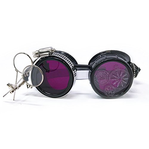 Steampunk Victorian Style Goggles with Gear Design and Purple Lenses Mad Scientist Costume Accessory
