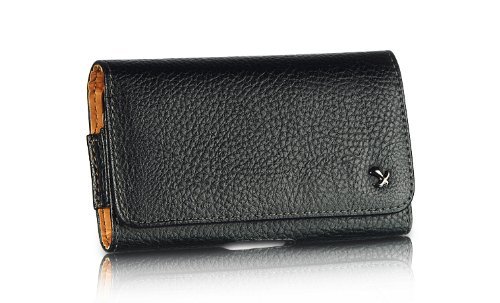 Caterpillar CAT S50 Horizontal Black Napa Leather Case Pouch Built In Magnetic Flap and Belt Clip and Soft Interior Material