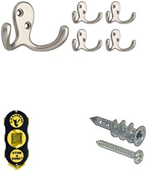 Franklin Brass FBDPRH5-MN Double Prong Robe Hook, Matte Nickel Finish, 5 Pack + 5 Pairs of Drywall Anchors with Screws + 1 CH Hanson Magnetic Stud Finder, Complete Easy-Install Kit