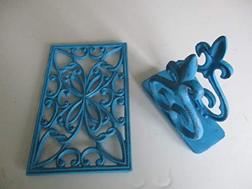 Napkin Holder, Kitchen Trivet, Cast Iron, Metal, Distressed Teal, Kitchen Decor, Stove and Cooking Tools, Kitchen Storage and Organization, Modern Kitchen, Beach Decor - Thumbnail 5