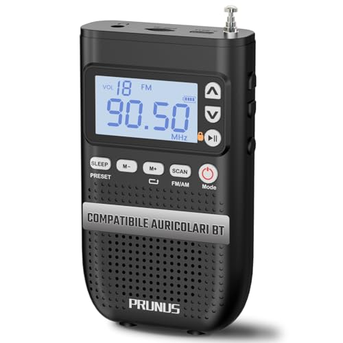 PRUNUS J-618 Portable AM/FM Radio with Bluetooth Headset Connection, Mini Rechargeable Radioline, 2000 mAh Digital Radio with Headphone Jack, TF Card Slot, Sleep Timer