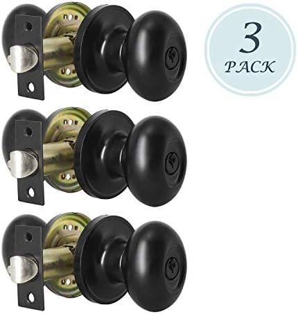 KNOBWELL 3 Pack Oval Style Keyed Entry Door Knobs, Matte Black Door Knob with Lock and Key Keyed Alike, Door Knobs for Interior/Exterior Doors
