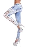 FanShou Light Blue Womens Denim Crochet Lace Skinny Legs Stretch Pencil Jeans