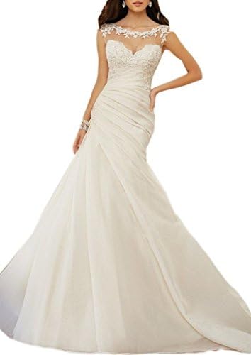 Winnie Bride Gorgeous Sheer Mermaid Birdal Wedding Gown with Lace Appliques Long-26W-White