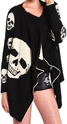 VividYou Womens Novelty Solid Baggy Skull Print Front Open Sweater Outwear Black S