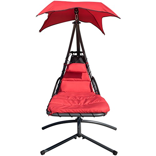 Finether Hanging Chaise Lounge Chair | Detachable Outdoor orIndoor Hammock Chair Swing with Arc Stand,Canopy,and Cushion for Patio,Beach,Yard,Garden,Red