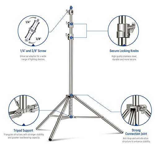 NEEWER Soporte de Luz de Acero Inoxidable de 7,2 pies / 2,2 m, Soporte de Trípode de Fotografía Resistente con Resorte Acolchado con Adaptador de Tornillo Universal de 1/4 "a 3/8"