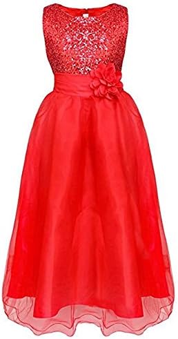 ZAHB ZAH Sequin Mesh Flower Party Wedding Gown Bridesmaid Tulle Dress Little Girl(L/Red,L/10-11Y)