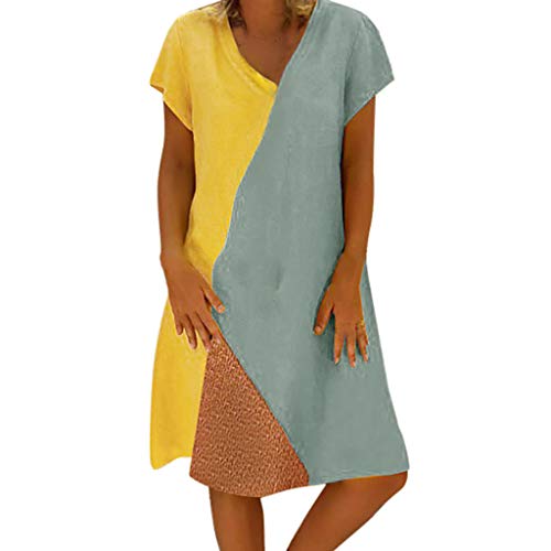 Sunyastor Bohemian Dresses Summer Womens Cotton Linen Vintage Printed Ethnic Style Casual Beach A Line Dress Plus Size (A Yellow, Small) - Thumbnail 6