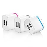 OKRAY 2A 10W Portable Dual USB Travel Wall Charger Home Power Adapter Plug for iPhone 7 SE 6s 6 Plus, iPad Air, Samsung Galaxy, Android, HTC, Google Nexus, Nokia (Grey Blue Hot Pink, 3 Pack)
