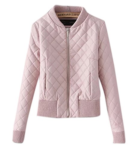 Women's Quilted Panel Faux Leather Zip Up Moto Biker Bomber Jacket Outfit Pink