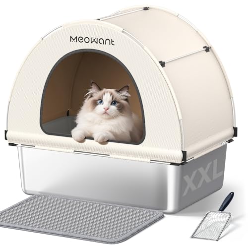 Caja de Arena para Gatos de Acero Inoxidable, Arenero Gatos XXL con Pala y Estera de Doble Capa, Extraíble Inodoro Cerrado en Forma de U, Funda de Tela Oxford