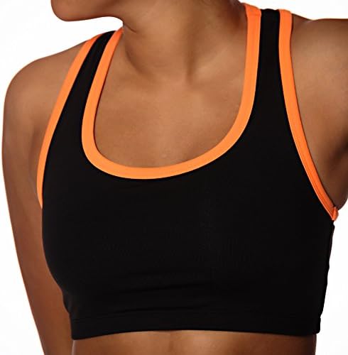 CrazyPants Girls Activewear Sports Bra - Cheerleader, Volleyball, Workout, Yoga (Youth- S, Black w/ Orange Trim)
