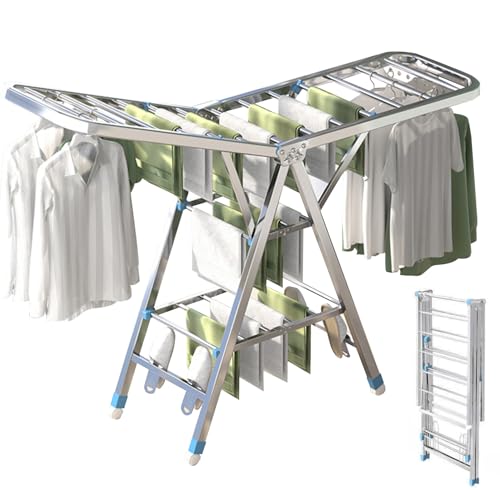 3 Tier Extendable Clothes Drying Rack, 1.8M Compact Stainless Clothes Stand,Winged FreeStanding Laundry Dryer Rack for Drying Clothing Indoor Outdoor,Height-Adjustable Wings,33 Rails,Sock Clips,Wheels