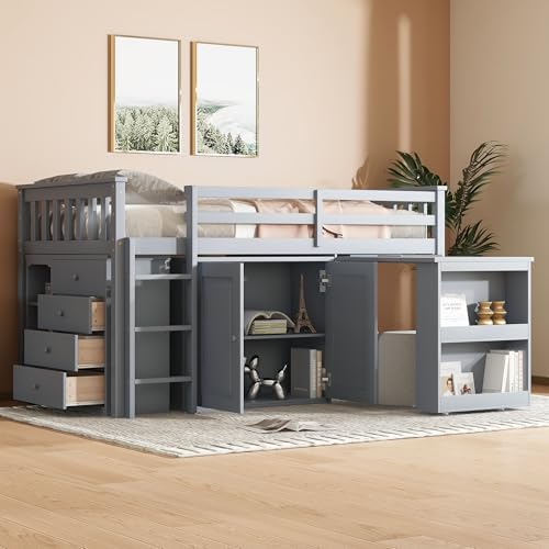 Photo 1 of **SELLING AS PARTS IN PARTIAL SET. ONE BOX MISSING**KEIKI Twin Size Low loft Bed with Pull-Out Desk, Rubber Wood Loft Bed with Storage Cabinets & Drawers & Shelves, Low Twin Bed for Kids, Grey