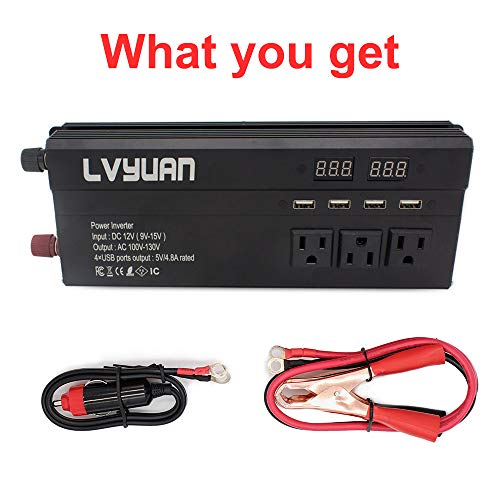 Cantonape 1000W/2000W(Surge) Car Power Inverter DC 12V to 110V AC with 5 Outlets, 4 USB Ports and Input Output LED Display