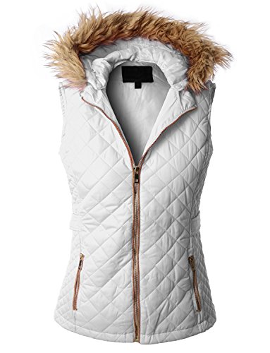 RubyK Womens Basic Padded Puffer Quilted Jacket Vest with Hoodie,Large,RBKWV1945_WHITE