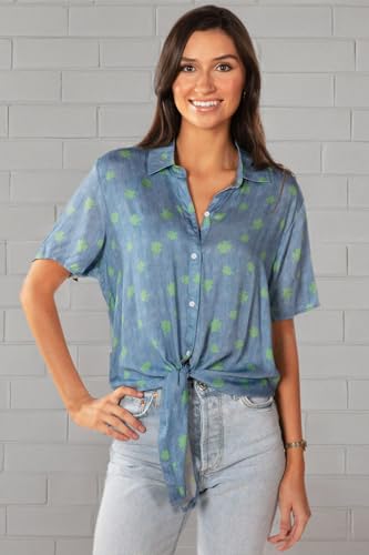 TIPSY ELVES CHAMBRAY CLOVER TIE-FRONT WOMEN’S SHORT SLEEVE BUTTON-DOWN HAWAIIAN SHIRT WITH GREEN CLOVER DESIGN SIZE S
