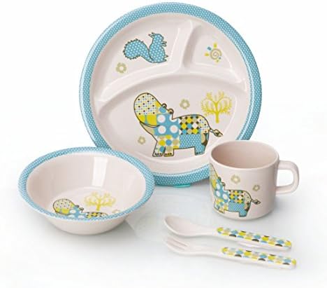 Baby Melamine Tableware Set 5 Pcs Plate Bowl Cup Spoon Fork Animal Cartoon Design (blue hippo)
