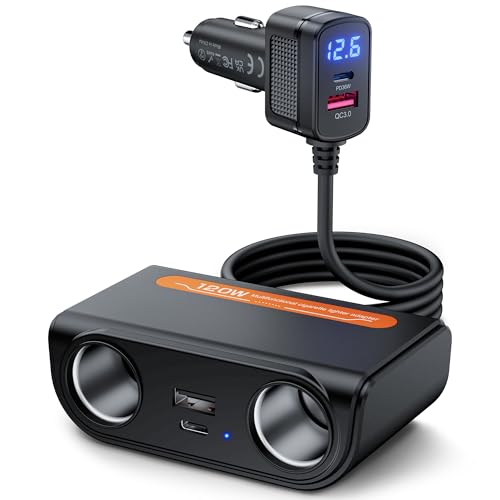 SOARUN 120W Auto Ladegerät,12V/24V KFZ Zigarettenanzünder Verteiler 6 in 1 | 2 Fach Steckdose mit 36W PD & 3 USB, Zigarettenanzünder Stecker für iPhone/iPad/Dashcam/GPS,Handy Adapter mit LED Voltmeter