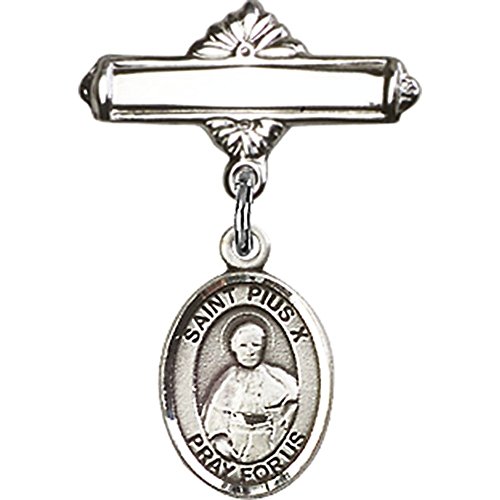 Sterling Silver Baby Badge with St. Pius X Charm and Polished Badge Pin 1 X 5/8 inches