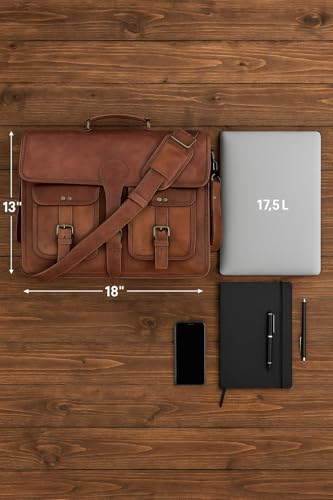 Leather Messenger Bag for Men and Women 18 inch Large Vintage Leather Briefcase Laptop Shoulder Bag Unisex Crossbody Messenger Satchel for Office, Business, Work, Travel