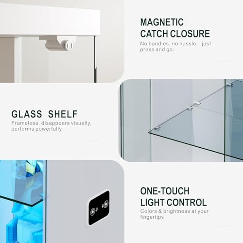 Lockable Curio Display Cabinet with Glass Door, 165cm Lighted Curio Cabinet with 3 Color Lights for Collectibles, 3-Tier Glass Display Case with Human Body Sensor for Living Room, White